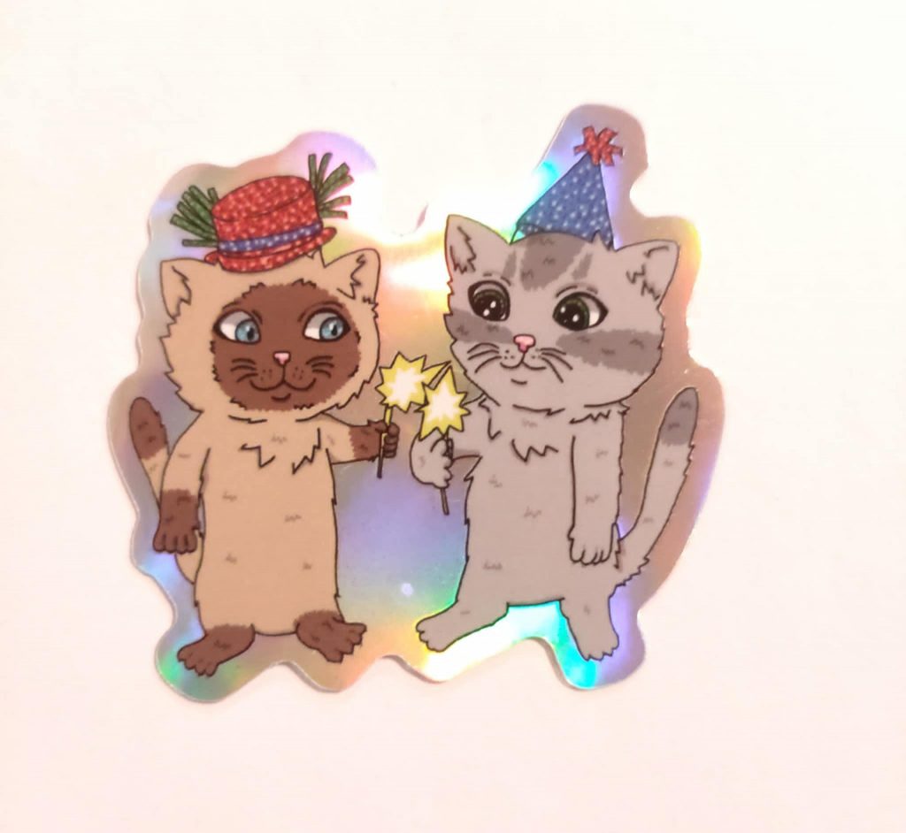 Silvesterkatzen: Siamkatze und Britisch Kurzhaarkatze mit Wunderkerzen-Holo-Sticker