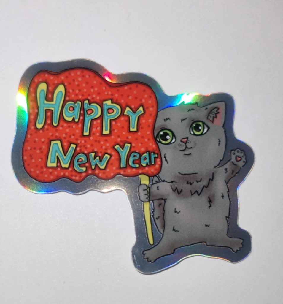 Silvesterkatze: Graue Katze mit Neujahrsschild -Holo-Sticker