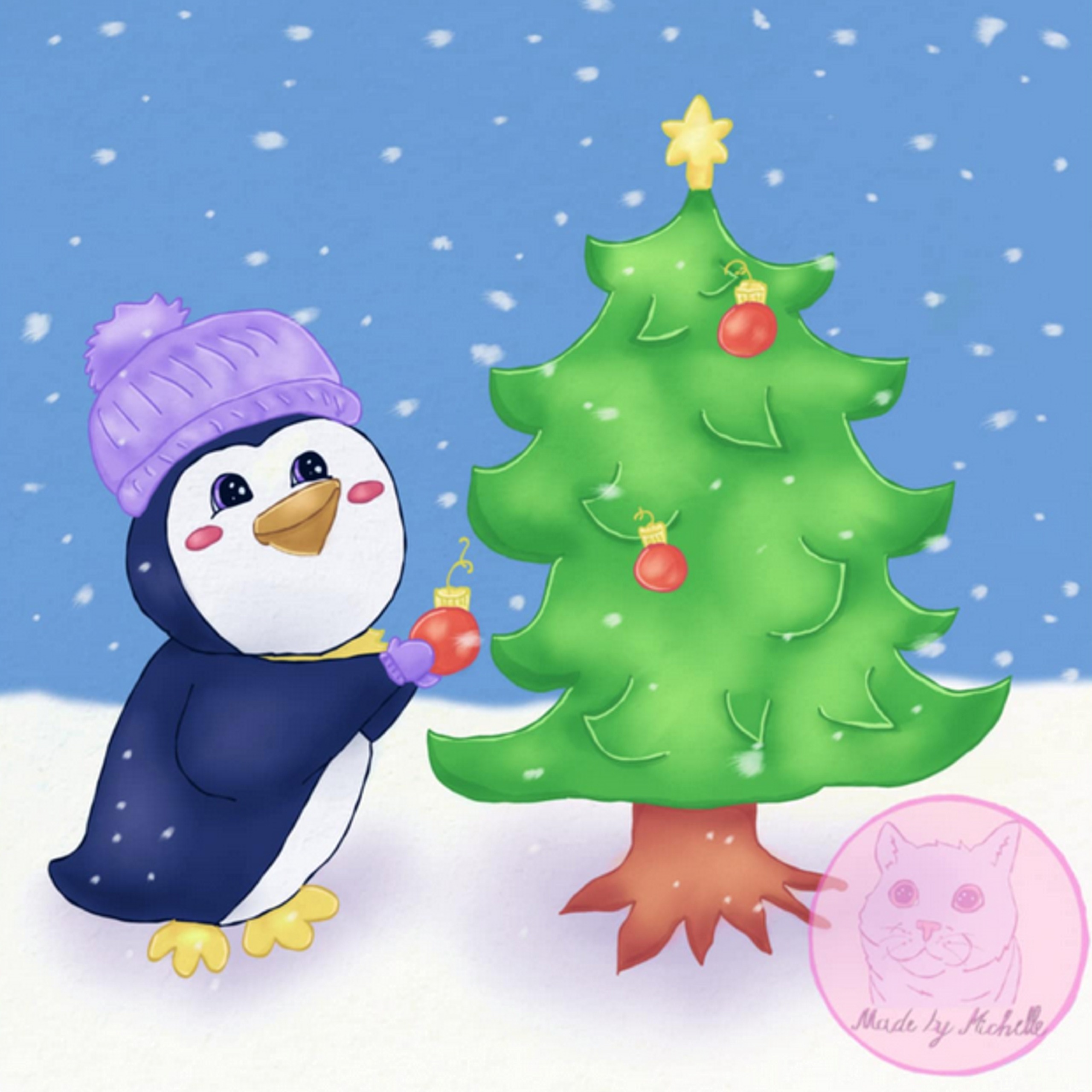 Pinguin schmückt Weihnachtsbaum